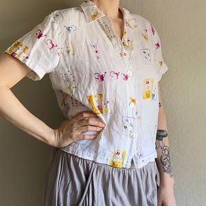 Vintage Linen Cottagecore Boho Garden Button Up Shirt Art Cute Butterfly Abalone